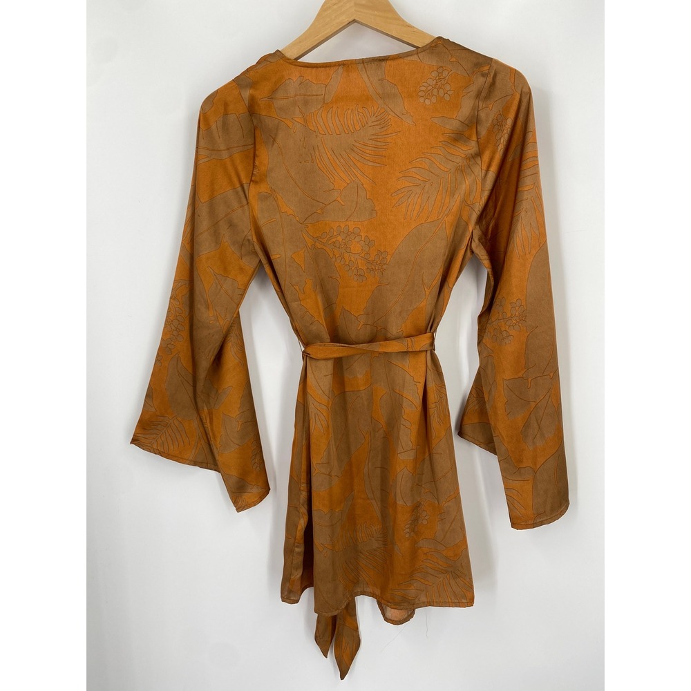 12th Tribe Gold Standard Rust Kimono Dress Orange Tropical Floral Bell Sleeve - Picture 5 of 7
